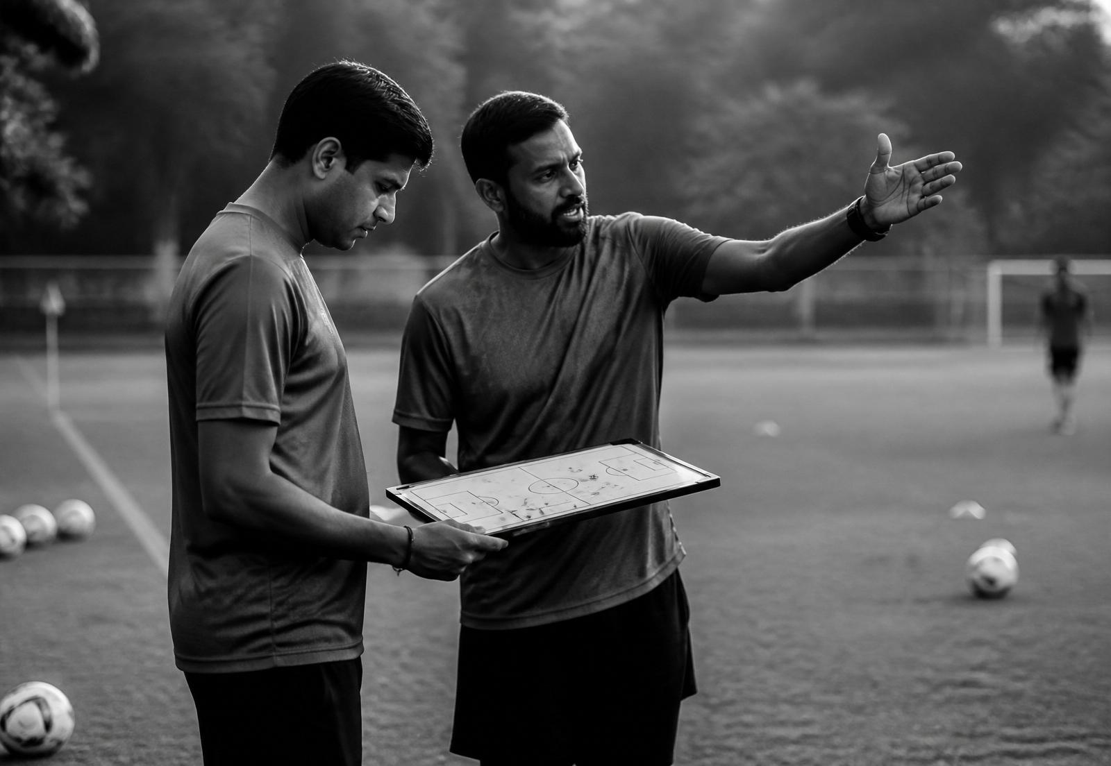 Two Indian football coaches pitchside reviewing a tactical board during a training session
