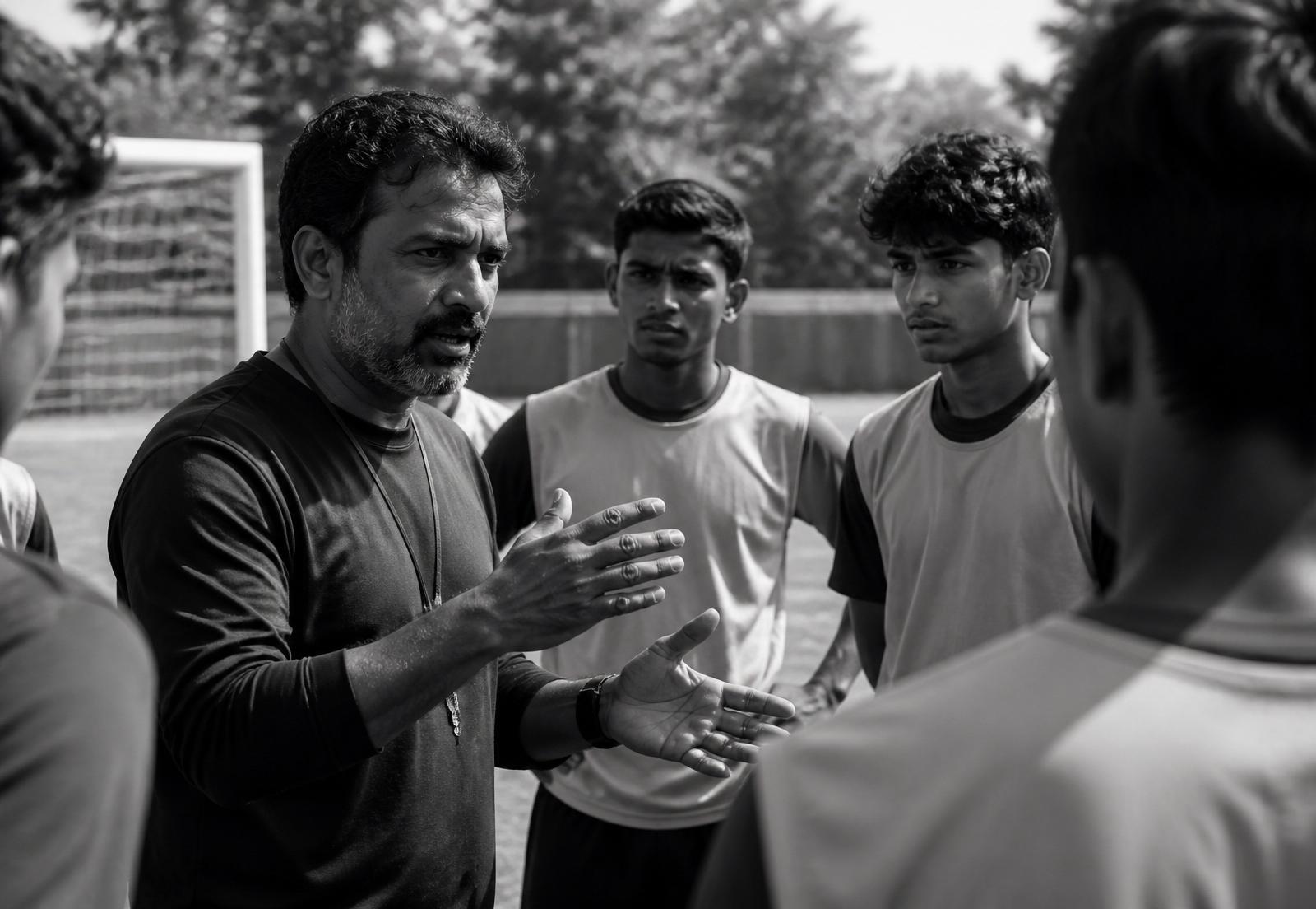 An Indian coach actively instructing young players on the training ground